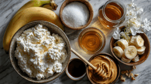 Ingredients for cottage cheese ice cream laid out on a table